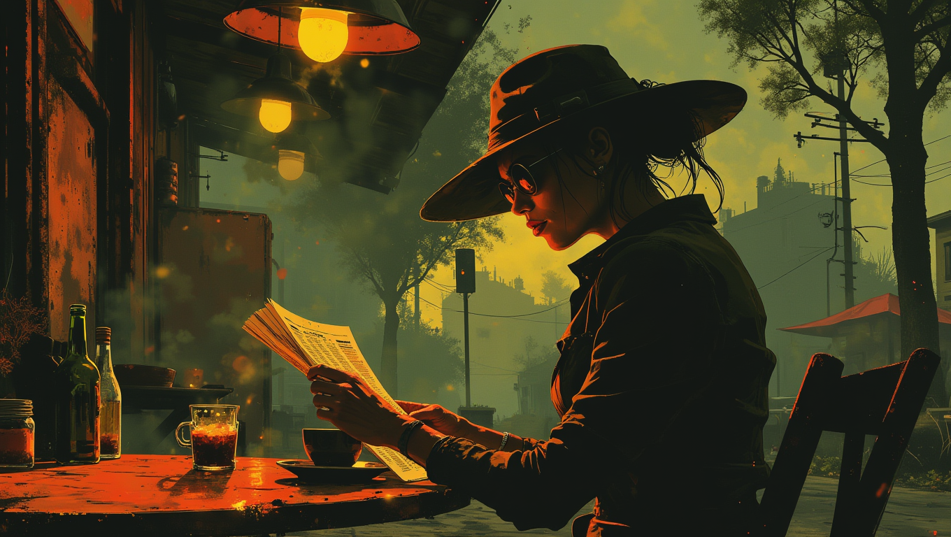 A mysterious woman in a wide-brimmed hat and dark sunglasses sits at an outdoor cafÃ©, sipping coffee. Sheâs reading a newspaper, but her eyes occasionally flicker to the street, as if expecting someone. Her posture is elegant, but her presence is enigmatic
  <lora:Luminous_Shadowscape:0.8>