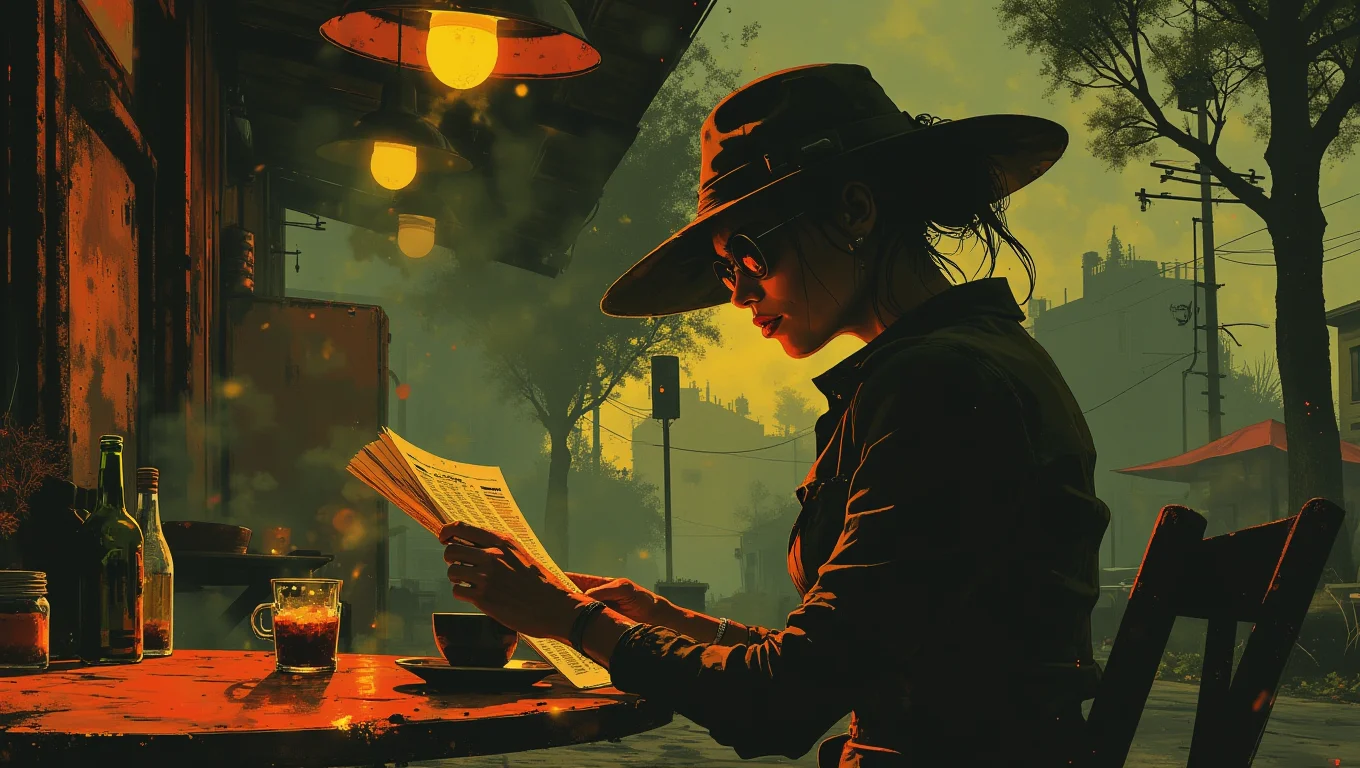 A mysterious woman in a wide-brimmed hat and dark sunglasses sits at an outdoor cafÃ©, sipping coffee. Sheâs reading a newspaper, but her eyes occasionally flicker to the street, as if expecting someone. Her posture is elegant, but her presence is enigmatic
  <lora:Luminous_Shadowscape:0.8>