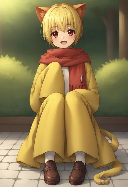 score_9, score_8_up, source_anime, highly detailed, cute,
sakuteru, solo, blonde hair, animal ears, red eyes, 1boy, smile, scarf, male focus, open mouth, blush, sleeves past wrists, tail,
outdoor, sit,