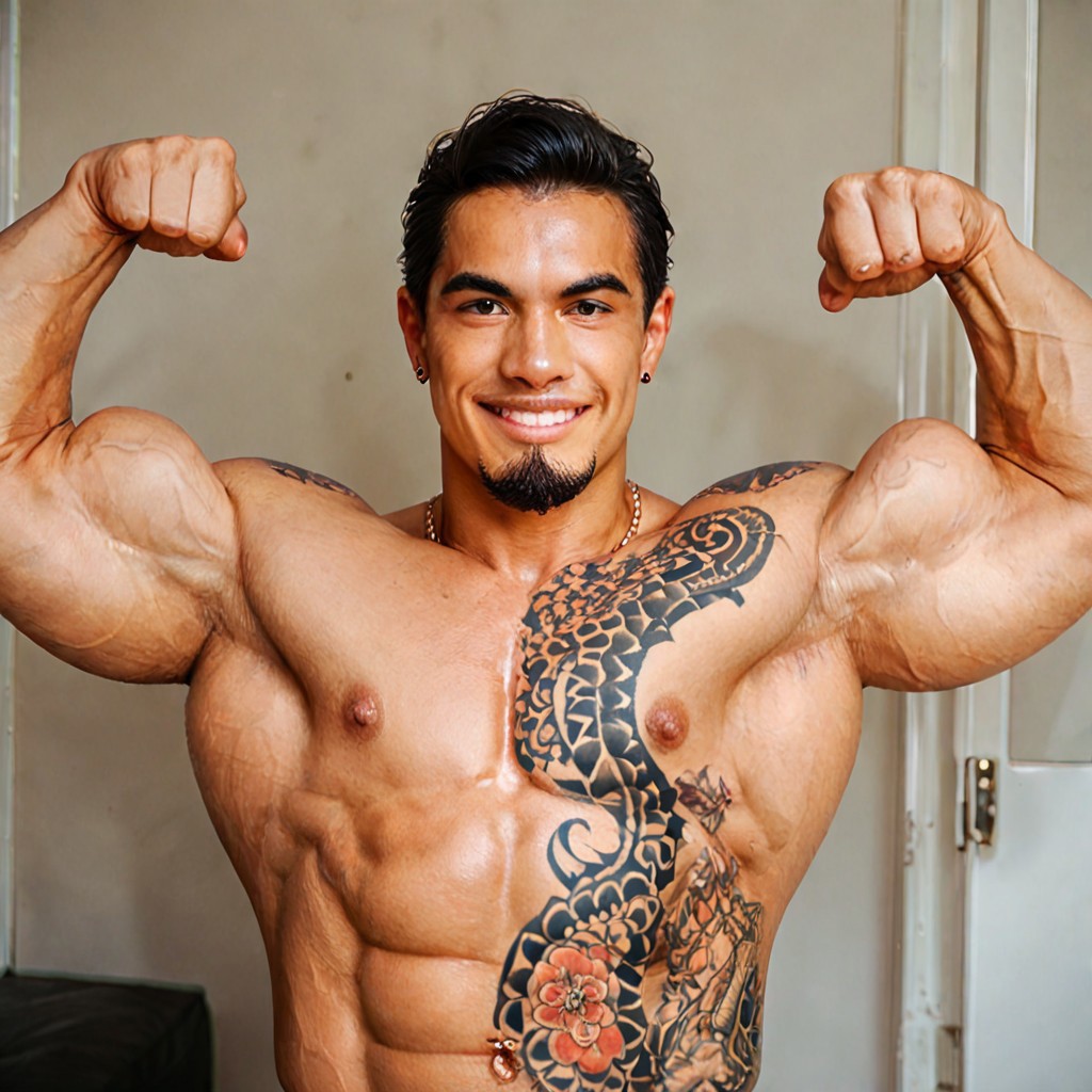 east asian man, goatee, manly, yakuza tattoo, double_bi, flexing, 1boy, solo, alone, score_9_up, score_8_up, score_7_up,