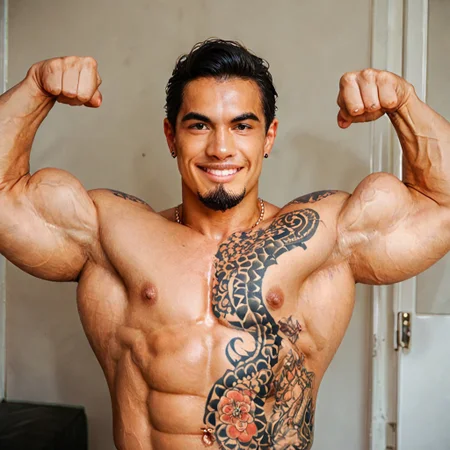 east asian man, goatee, manly, yakuza tattoo, double_bi, flexing, 1boy, solo, alone, score_9_up, score_8_up, score_7_up,