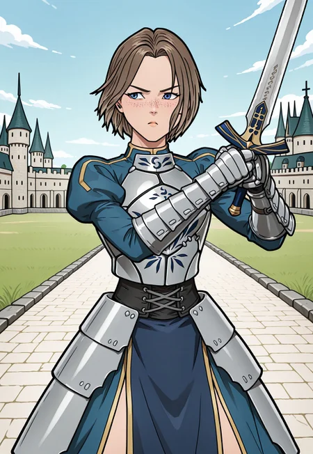 masterpiece,RobynSpade, Short hair, Brown hair, freckles, blue eyes, <LORA:SABER-FATE-COSPLAY-ILLUSTRIOUSXL-LORA-NOCHEKAISER:1>, SABERFATECOSPLAY, SABER (FATE) (COSPLAY), ARMOR, ARMORED DRESS, BLUE DRESS, BREASTPLATE, DRESS, GAUNTLETS, JULIET SLEEVES, LONG SLEEVES, PUFFY SLEEVES, holding sword, fighting stance, outdoor, castle, solo,