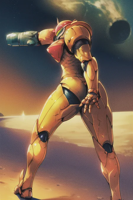 1girl, masterpiece, best quality, samusaran, orange power armor, <lora:Samusaran:0.8>, dynamic pose, ((helmet)), arm cannon, water planet