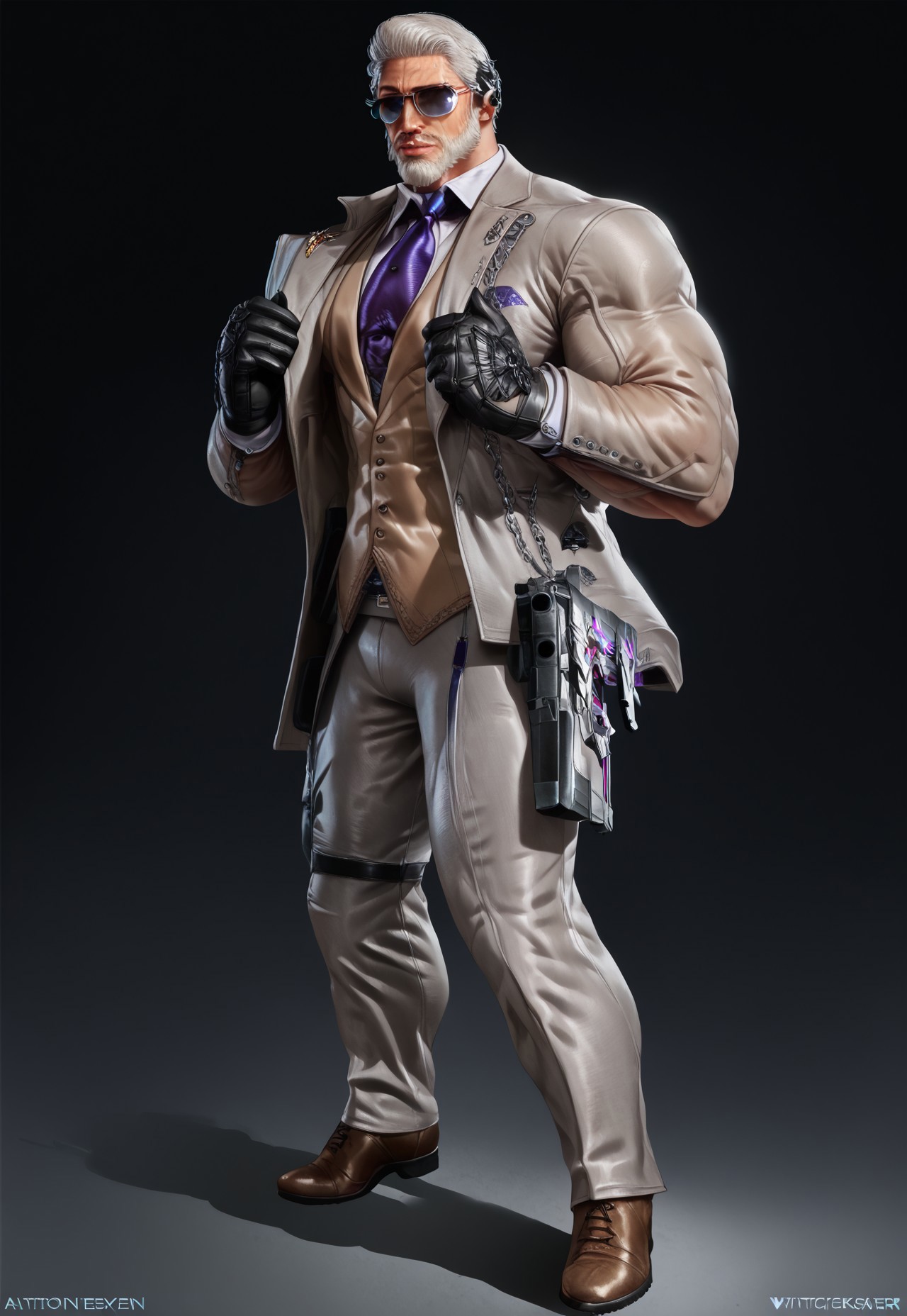 score_9, score_8_up, score_7_up, score_6_up, perfect anatomy, perfect proportions, best quality, masterpiece, high_resolution, high quality, best aesthetic, incredibly absurdres, concept art, digital art, realistic, highres, extremely detailed, huge filesize, mature, male focus, solo male, (perfect face, perfect eyes:1.2), 1boy, Victor (Tekken), white hair, facial beard, aviator sunglasses, collared shirt, short grey jacket, black leather gloves, grey pants, brown dress shoes, full body, muscular, Expressiveh, indoors background