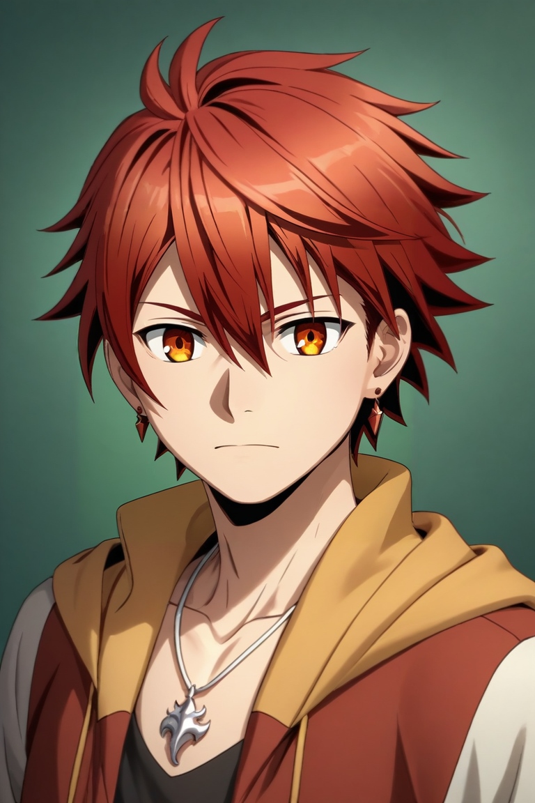 score_9, score_8_up, score_7_up, , rating_safe, , (3d:0.4), , , 1boy, solo, male focus, <lora:akane_divine_gate_pony:0.86>, akane_divine_gate, red hair, orange eyes, short hair, hair between eyes, earrings, , , <lora:sdxl_lightning_8step_lora:1>