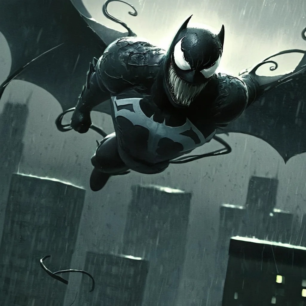 Dark Fantasy Art of <lora:Symbiote Style v2:1.2> Symbiote Style
<lora:comic book magazine:1>
a batman flying over a city in the rain comic book magazine style, dark, moody, dark fantasy style