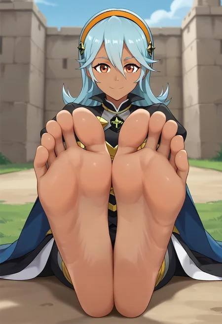 score_9, score_8_up, score_7_up, score_6_up, score_5_up, score_4_up, source_anime, BREAK, (masterpiece:1.4), (best quality:1.2), expressive eyes, perfect face, perfect anatomy, accurate anatomy, perfect feet, perfect soles, 1 girls, feet, soles, toes, foot focus, front view, smile, cute expression, clean feet, sitting, hands on ground, showing feet, barefoot,  PONYXL_WaifuFeetPics_ownwaifu, feet, perfect feet, soles, 4 toes in left foot, 4 toes in right foot, perfect anatomy, accurate anatomy, foot focus, feet, toes, sitting, Piper, dark skin, dark skin female, orange eyes, blue hair, spiked hair, sidelocks, orange hairband, cel shading, Female_Corrin_(cosplay), black hairband, armored dress, armored pants, blue cape, puffy sleeves, juliet sleeves, vambraces, black gloves, barefoot, feet together, close up, feet close up