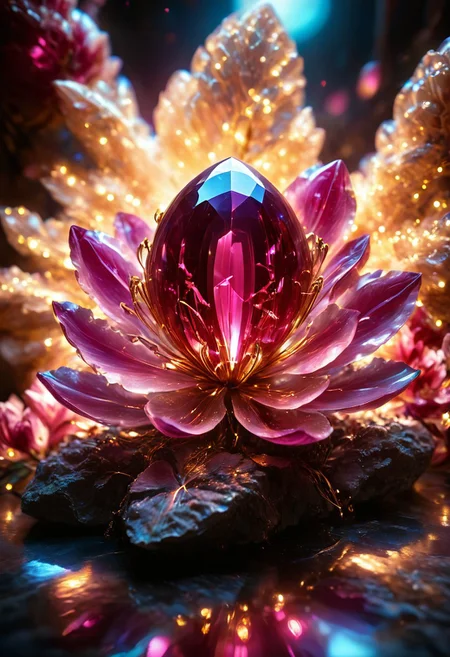 hyperdetailed dyanamic photography of sci-fi futurisitic, based onRhodolite Garnet: A pink to reddish-purple gemstone, displaying a lovely hue reminiscent of rhododendron flowers. futurisitc, color explosion , 
 Grunge, Kinetic Art, Hyperrealism, Fiber Optic Lighting, Low-Key Lighting, Beige Color, Cerulean Color, Burgundy Color, Bokeh Effect, Prism Effect, Ceramic, Electroluminescent Wire, Gold, Action, Science Fiction, Holographic Haze Backdrop, Luminous Labyrinth Backdrop, Unreal Engine, 8k,