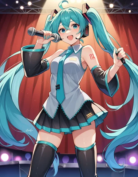 score_9, score_8_up, score_7_up, source_anime,
mikuhatsune, <lora:miku-hatsune-ponyxl-lora-nochekaiser:1>,
miku hatsune, ahoge, aqua eyes, aqua hair, crossed bangs, hair between eyes, hair ornament, headphones, long hair, twintails, mature female,
aqua necktie, black footwear, black skirt, black sleeves, boots, collared shirt, detached sleeves, grey shirt, necktie, pleated skirt, shirt, skirt, sleeveless, sleeveless shirt, thigh boots, tie clip,
indoors, stage, stage lights, concert, microphone, holding microphone, audience, singing,
looking at viewer, dutch angle, cowboy shot,