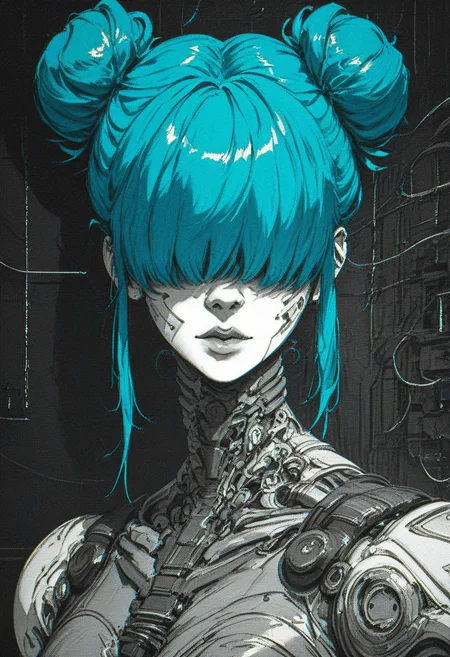 score_9, score_8_up, score_7_up, <lora:Xenotrip_v.2:1> xenotr1p, selective red color, monochrome, colored, 1girl, solo, portrait, cyberpunk white cyborg, hair covering eyes, twin bun hair, blue hair, ,trending on dribbble, ad, aesthetics, aesthetic, pv,