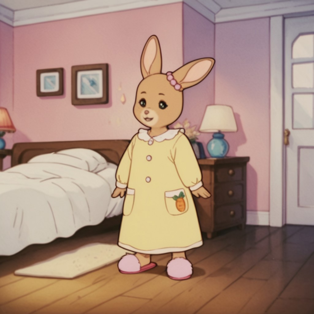 score_9, score_8_up, score_7_up, score_6_up, score_5_up, score_4_up, source_furry, PattyRabbit, anthro, female, rabbit, tan fur, yellow nightgown, long sleeves, beaded ear ornament, pink slippers, standing, in bedroom,