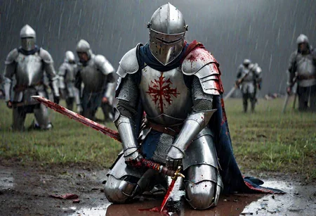 Masterpiece, DonMSt34mPXL, Realistic Lightning, Cinematic Lightning, Dark Lightning, Rain, Puddle, Clouded Sky, medieval, fantasy, pedestrians, Cape, Reflection, Corpses, Battlefield, broken Blade.
((((kneeling, male Knight, with bloody armor and closed helmet. Holding a broken sword) leaning on a (sword with a broken blade) with the blade to the ground)) in a medival battlefield). (Unfocused dead knights laying in background). fandist background.