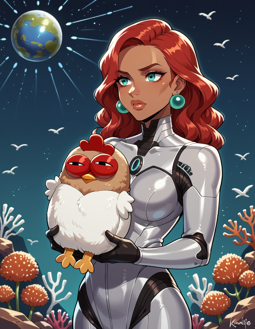 score_9, score_8_up, score_7_up, score_6_up, score_5_up, score_4_up, 1girl, solo, Space Explorer, futuristic and sci-fi elements with a metallic jumpsuit, a helmet and ray guns, Baroness, Short, Lean, Round Face, Dark Skin, Red Hair, turquoise Eyes, Long Nose, Full Lips, Round Chin, Shoulder-Length Hair, Straight Hair, Swept Bangs, augmented breasts, Huggie earrings, coral sheer lipstick,  hud_ch1cken_purs3, bird, holding animal, chicken, <lora:purse:0.7>, outdoors