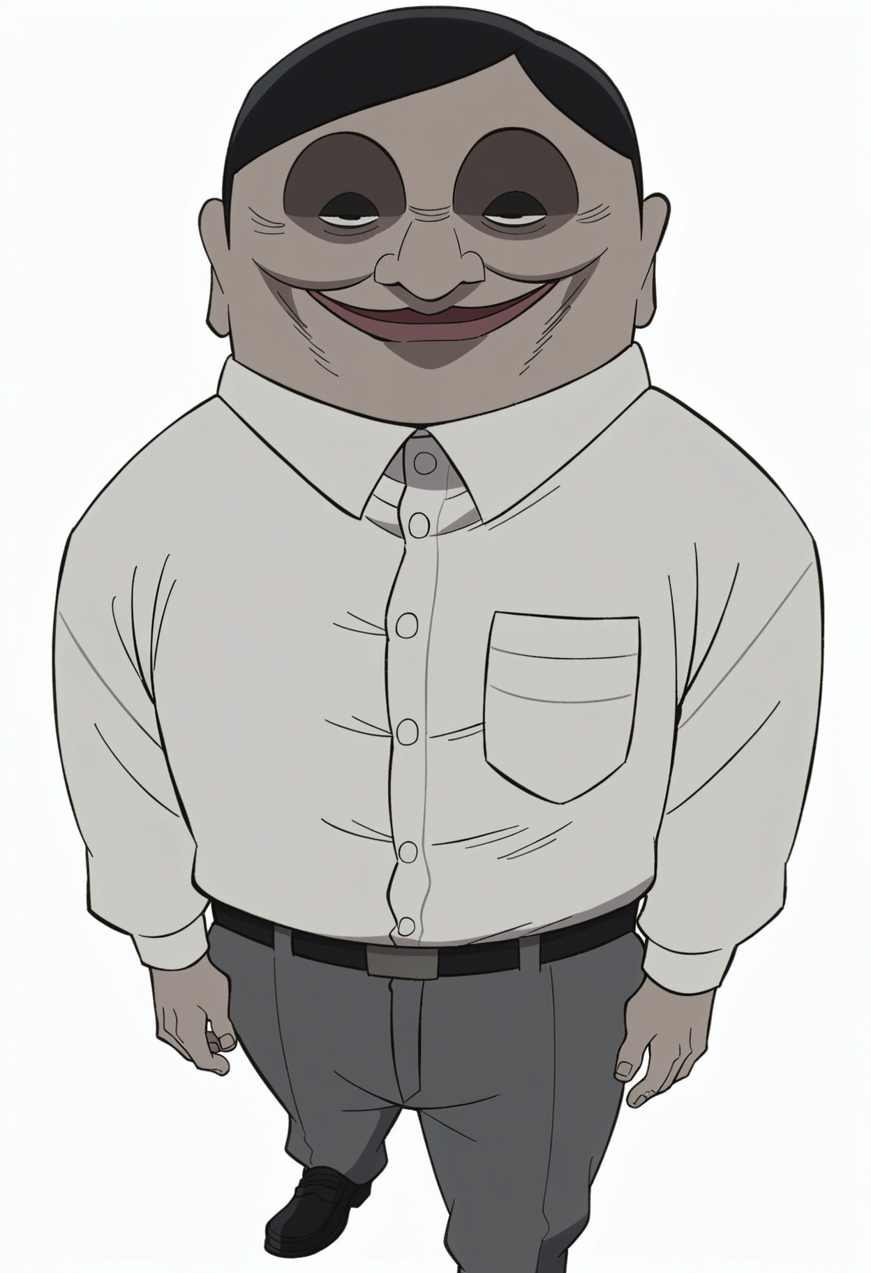 score_9, score_8_up, score_7_up, score_6_up, score_5_up, score_4_up, BREAK
alien_serpo, male focus, 1boy, shirt, solo, grey pants, black footwear, full body, pants, standing, white shirt, shoes, white background, looking at viewer, collared shirt, long sleeves, black hair, belt, pocket, simple background, very short hair, short hair, shirt tucked in, smile, black eyes, breast pocket, wrinkled skin, black belt, dress shirt, open mouth, arms at sides, half-closed eyes, old
 <lora:alien_serpo_dandadan:0.8>