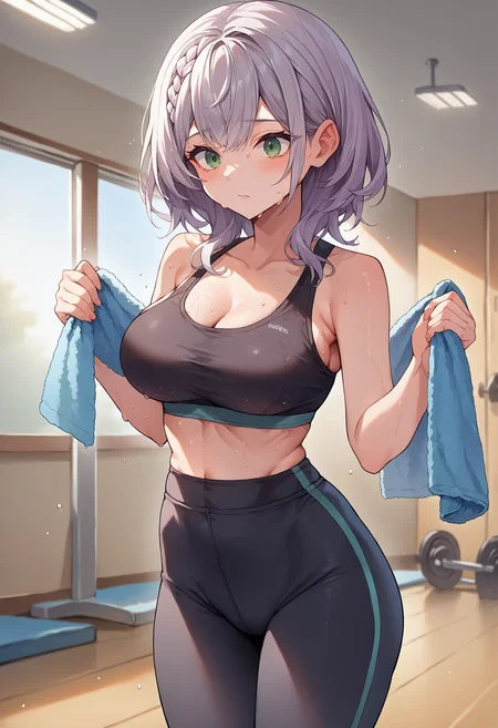 score_9, score_8_up, source_anime, 1girl, solo, ShiroganeNoel, medium hair, braid, black sports bra, sweaty clothes, yoga pants, groin, sweat, wiping sweat, holding towel, gym, indoors, <lora:ChamShiroganeNoelPonyXL:1>