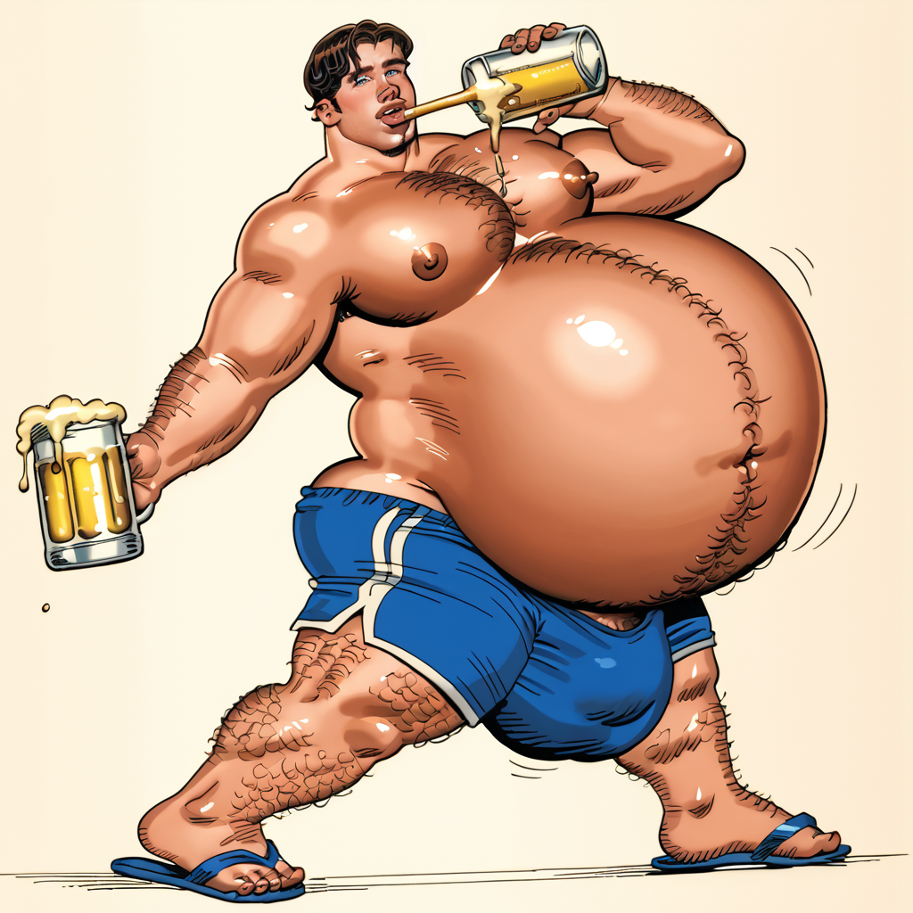 score_9, score_8_up, score_7_up, solo, manly male, suggestive, gigantic bulge, pelvis forward, arched back, blue eyes, brown hair, blue shorts, blue shirt riding up, hyper, beer belly, hairy, flip flops, big butt, large pecs, college, beefy, brawny, <lora:Warren_Davis_mix_v2:1> warren davis, warren_davis, inflation fetish