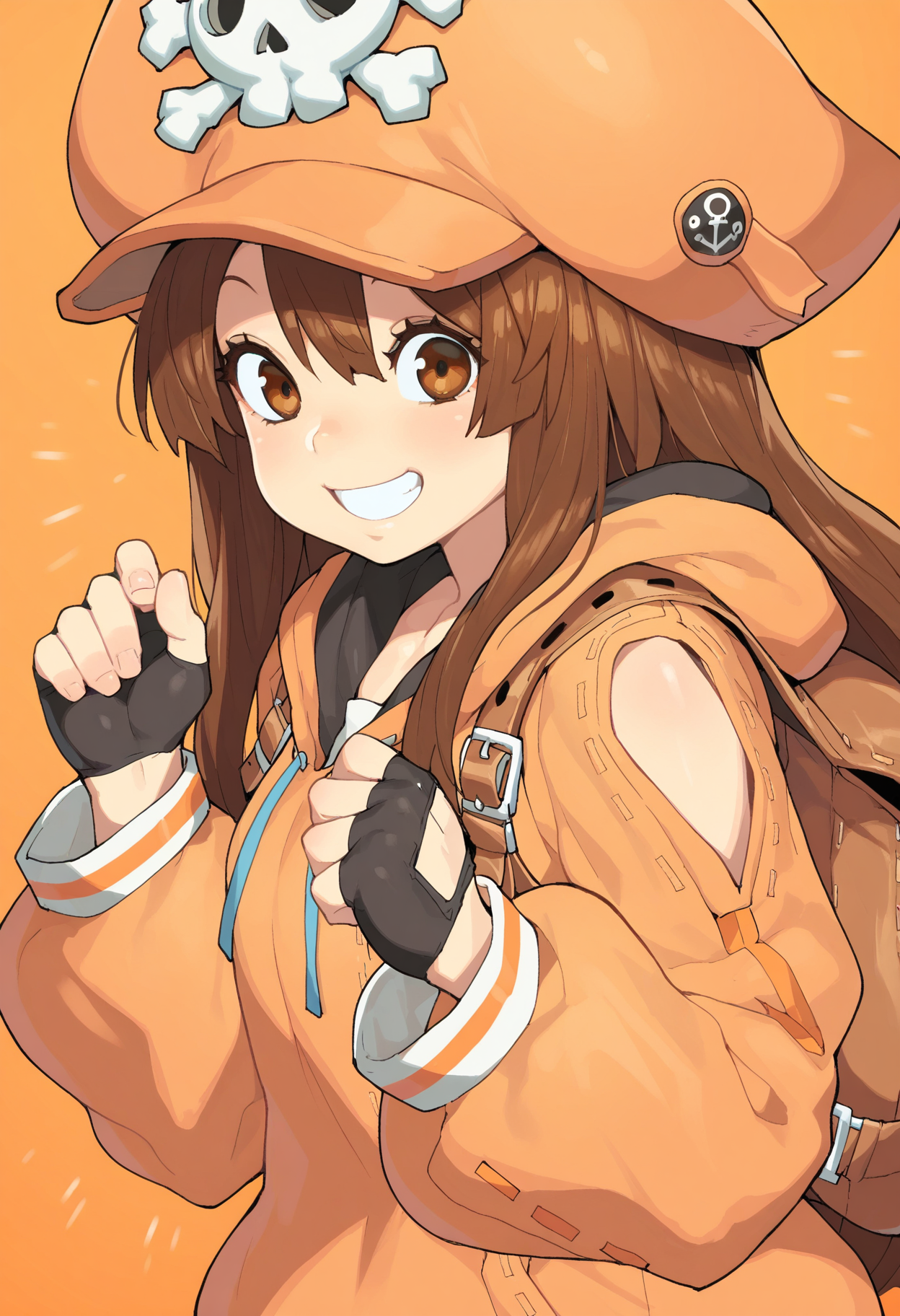 masterpiece,best quality,amazing quality,
1girl, may (guilty gear), brown hair, hat, solo, gloves, brown eyes, fingerless gloves, skull and crossbones, long hair, smile, hood, orange headwear, hoodie, bag, backpack, grin, black gloves, upper body, orange background,
<lora:Henrybird:1>