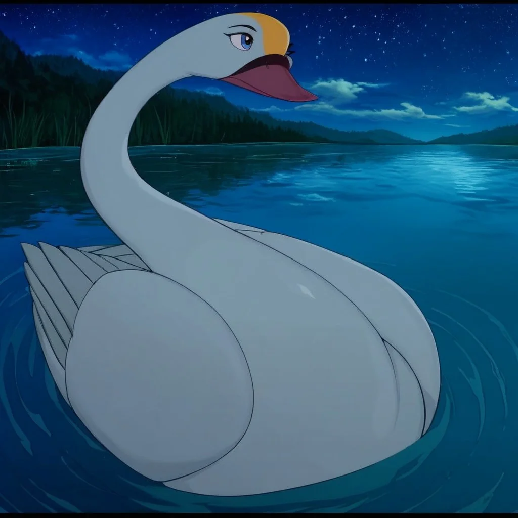 score_9, score_8_up, score_7_up, score_6_up, score_5_up, j_cartoon, highly detailed, ((detailed shaders)), BREAK, Odette, ((Fera)), Swan, tongue, night sky, letterbox, yellow spot on head, night, lake, floating on lake, odette, blue eyes, feathered, white swan, sky, cloud, water, non-human, outdoors, ripples, starry sky, closed mouth, fish, full body