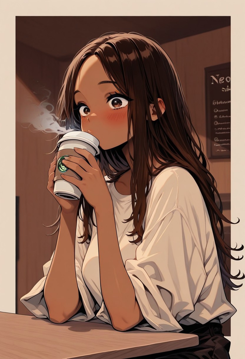 1girl, solo, long hair, dark brown hair, dark skin,  holding a coffee, coffee shop sitting, blush, drinking, ,portrait , outside border, masterpiece ,best quality ,amazing quality, neo_pop