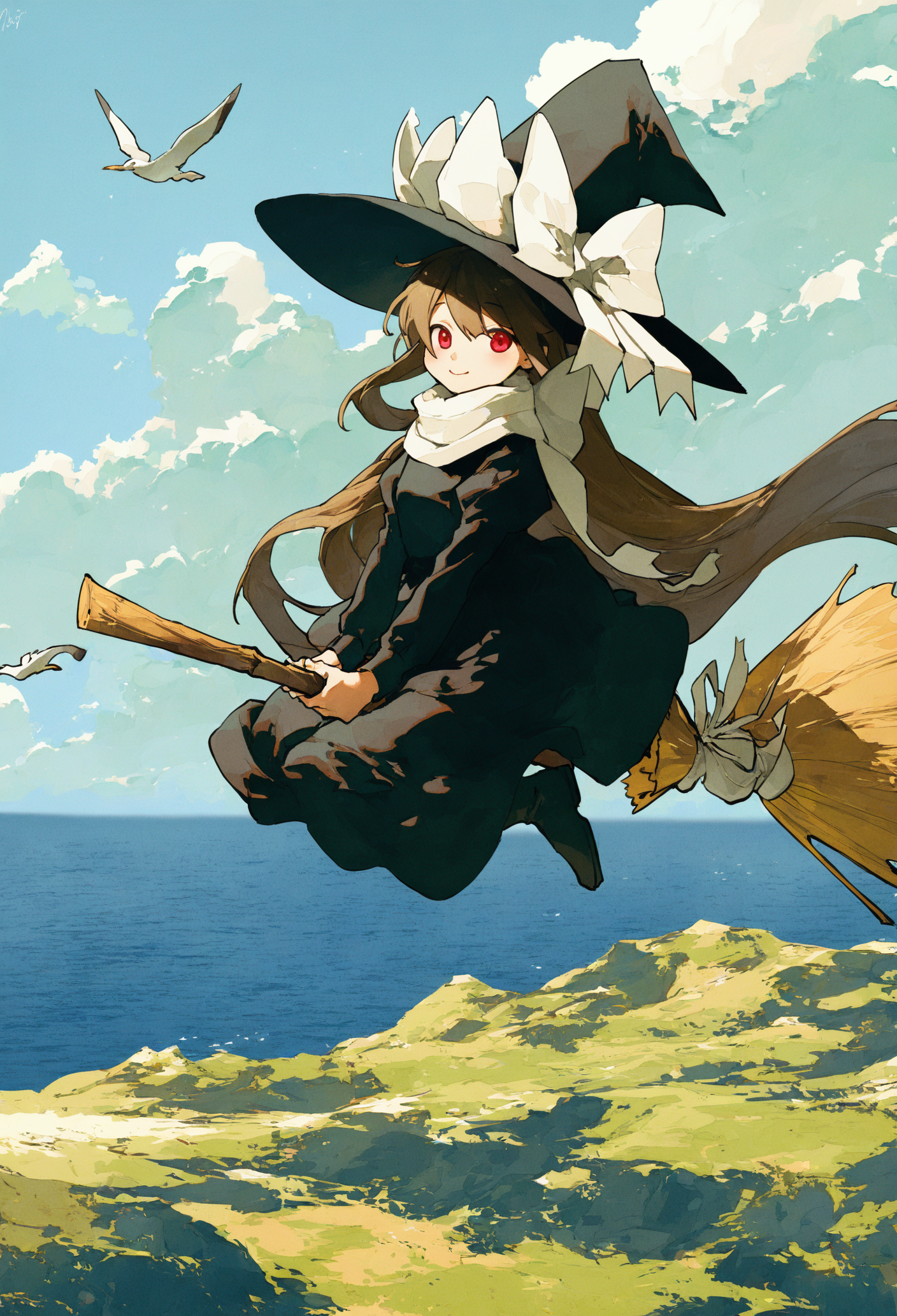 1girl, 
broom, hat, solo, witch hat, long hair, bird, broom riding, cloud, outdoors, sky, black dress, black headwear, scarf, hat bow, dress, bow, white bow, witch, long sleeves, white scarf, looking at viewer, black footwear, very long hair, bangs, seagull, red eyes, scenery, brown hair, ocean, closed mouth, flying, boots, smile, horizon, day, blue sky,
.
masterpiece, best quality, very aesthetic, absurdres
 <lora:potgfornoob:0.95>