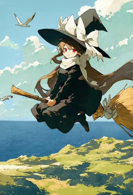1girl,
broom, hat, solo, witch hat, long hair, bird, broom riding, cloud, outdoors, sky, black dress, black headwear, scarf, hat bow, dress, bow, white bow, witch, long sleeves, white scarf, looking at viewer, black footwear, very long hair, bangs, seagull, red eyes, scenery, brown hair, ocean, closed mouth, flying, boots, smile, horizon, day, blue sky,
.
masterpiece, best quality, very aesthetic, absurdres
<lora:potgfornoob:0.95>