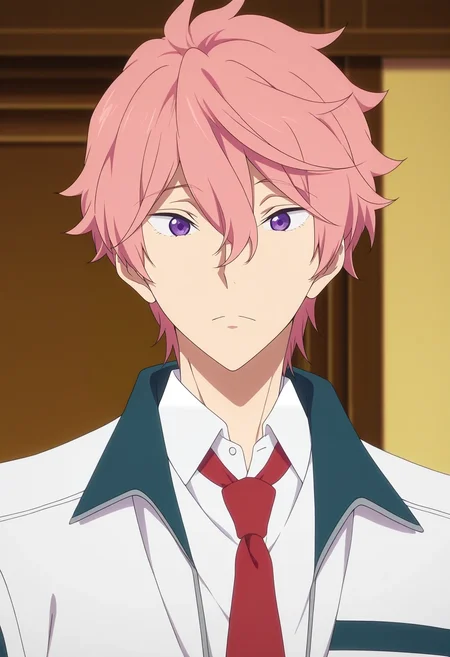 masterpiece, best quality, intricate details, anime screencap, anime coloring, official style,, 1boy, solo, male focus, <lora:kisumi_shigino_ilxl:0.9>, kisumi_shigino, pink hair, purple eyes, hair between eyes, white shirt, collared jacket, red necktie, ,
