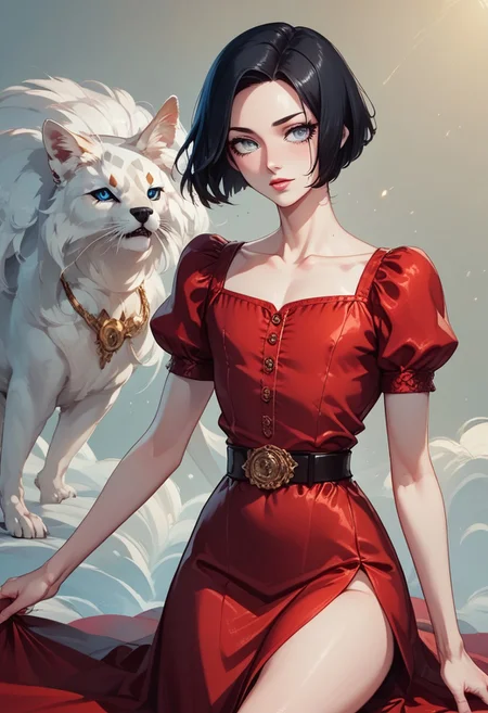 score_9, score_8_up, score_7_up, 1boy, femboy, otoko no ko, short hair, bob cut hair, black hair, grey eyes, gray eyes, feminine face, toned body, Shelly, 1930s fashion style, vintage, red dress, long dress, short sleeves, belt, collarbone, highly detailed, intricate, zzCitronCAT, pose, modelshoot