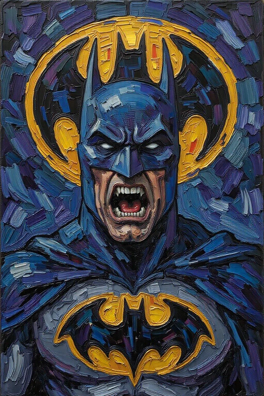 impasto oil painting. Batman shouting angrily. Background is the bat signal on a dark night sky. <lora:Flux-Sch-SingleBlocks-BF16:1.0> <lora:impasto6_cap_d6a3e11:1.0><lora:804333128693854167:0>