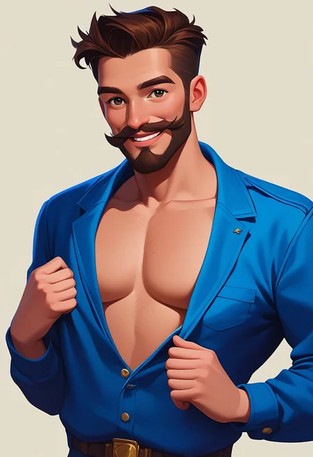 score_9, score_8_up, score_7_up, mgas, masterpiece, best quality, detailed eyes, detailed face, perfect eyes, high detailed, absurdres, highres, casual game art, mobile game art, merge 3 game art, character design, BREAK 1boy, man, solo, mature, attractive, muscular, handsome, smiling, teeth, short hairstyle, dark brown hair, beard and mustache, blue diver's suit with light inserts on the chest and arms, BREAK right hand raised above the shoulders, right hand holding the head, right palm resting on top of the head, left hand behind the back on the hip, standing, cowboy shot, looking at viewer, BREAK simple background, white background