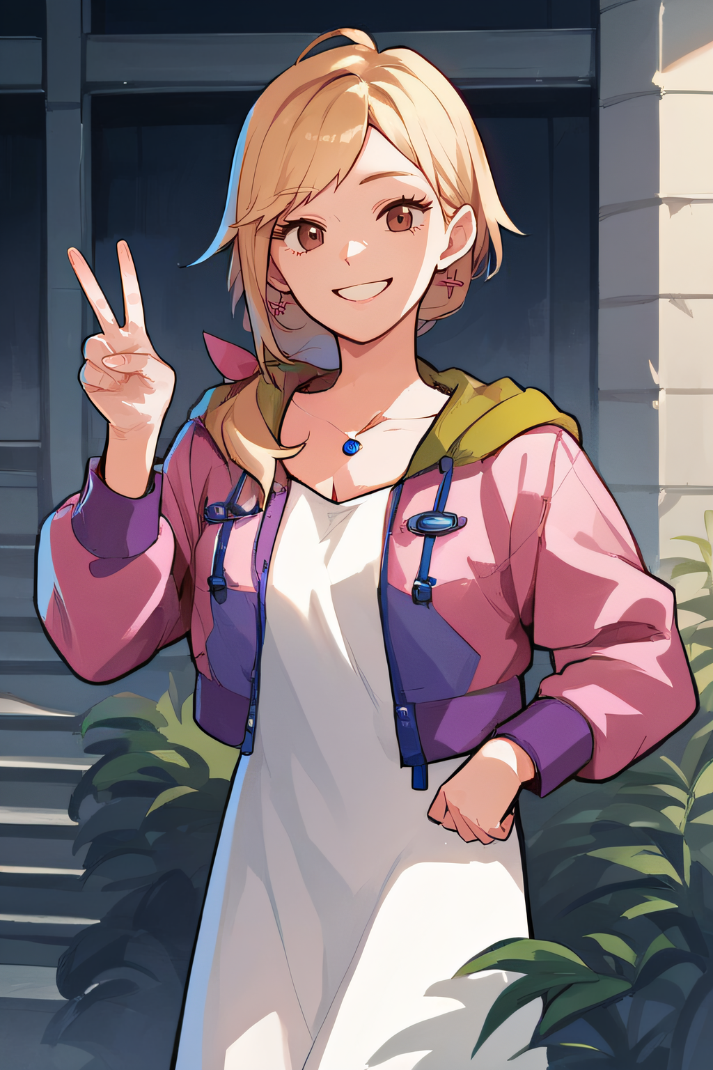 score_9, score_8_up, score_7_up, score_6_up, score_5_up, score_4_up, BREAK source_anime, masterpiece, best quality, ultra quality, <lora:PONY_Kimishima_Saki:0.9>, saki, brown eyes, blonde hair, collarbone, necklace, pink jacket, white dress, pink earings, open jacket, looking at viewer, cowboy shot, peace sign, smile