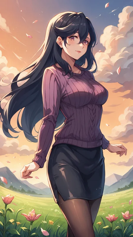 score_9,score_8_up,score_7_up,score_6_up, source_anime, zPDXL, <lora:xl_more_art-full_v1:0.5>, mature woman, dynamic pose, <lora:Saori Ootori - Pony-000004:1>, long hair, black hair, purple sweater, purple eyes, black skirt, hair between eyes, pantyhose, medium breasts, (untucked sweater:1.5), open field, field of tulips, tulip, pedals, wind, pedals caught in the wind, sunset,