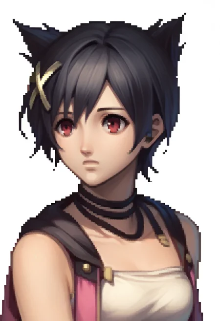 score_9, score_8_up, score_7_up, source_anime, 1girl, <lora:zs_FEDSPortraitsXL:1> fedsportraits, portrait, white background, <lora:NanaGE-pdxl:1> kozuki, black hair, short hair, x hair ornament, red eyes, black choker, white bandeau, bare shoulders, pink vest, open vest, hood