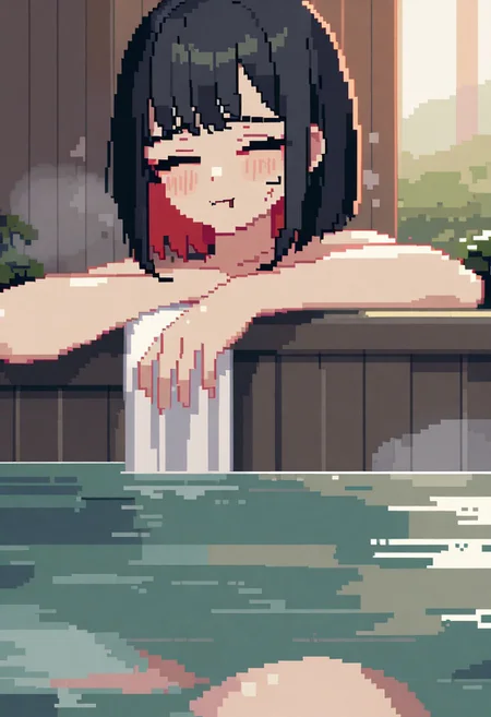 gorgeous lips, cinematic, (masterpiece), (best quality), (ultra-detailed), very aesthetic, illustration, perfect composition, intricate details, absurdres, detailed face, (anime, masterpiece, intricate:1.3), (best quality, hires textures, high detail:1.2), (4k),(incredibly detailed:1.4)
(game pixel), (pixel art), (pixelart), (focus character), cartoon, (lofi style), pixel art, cutesycotton, (cyberpunk style)
1human girl, black hair, (red inner hair), medium hair, bob cut, fang, ((shy)), angry, closed mouth, closed eyes, embarrassed, onsen, steam, towel, after shower towel wrapped, wet