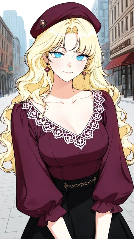 masterpiece,best quality,amazing quality, newest, high res, clean lines, thick lines
1girl, solo, il_lariette, blue eyes, blonde hair, long hair, wavy hair, medium breasts,
masterpiece, best quality, 1girl, solo, earrings, maroon blouse, puffy sleeves, black skirt, looking at viewer, smile, beret, city, collarbone