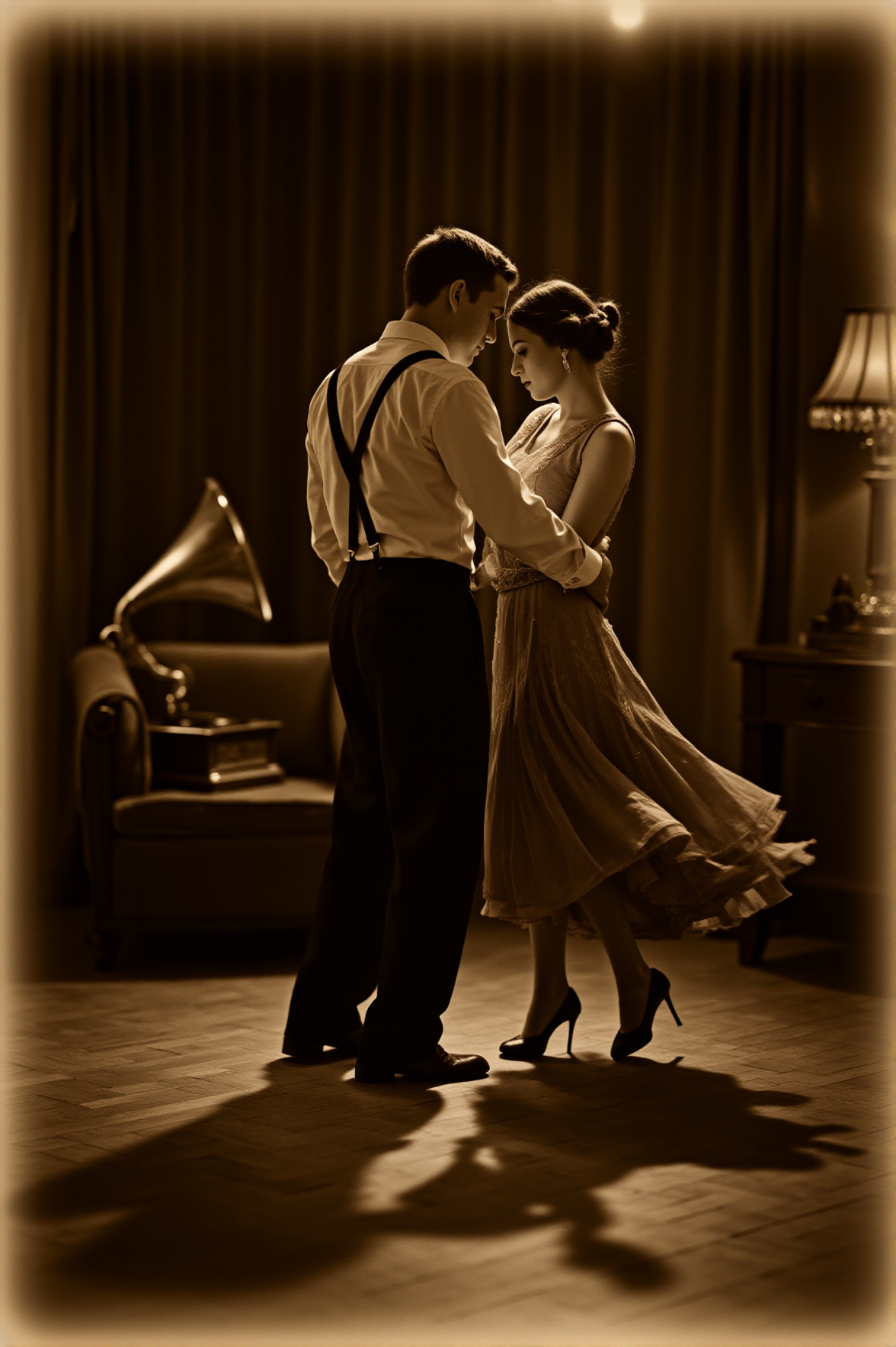 A gramophone sits in the corner, its needle resting at the end of a silent record. In the center of the dimly lit parlor, a man in suspenders and a woman in an elegant 1920s dress hold each other closely, mid-dance. Their shadows stretch across the wooden floor, caught between movement and stillness. The sepia vignette wraps the scene in warmth, as if time itself hesitates to move forward.
<lora:sepia-vignette-flux:1>