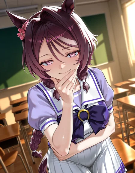masterpiece, best quality, amazing quality, very aesthetic, high resolution, ultra-detailed, absurdres, newest, scenery,
1girl, solo, umamusume, sakura chitose o \(umamusume\), braided ponytail,
tracen school uniform, short sleeves,
indoors, classroom,
cowboy shot, smug, looking at viewer, <lora:sakurachitoseoillv1:1>,, glowing, colorful, photorealistic, shiny_skin,dutch angle, <lora:arcain-2411:0.4>,, HDR,photo background,detailed eyes,detailed hands,detailed clothing,detailed shading,dim lighting,chiaroscuro,BREAK depth of field,masterpiece,best quality,amazing quality,very aesthetic,high resolution,ultra-detailed,absurdres,newest,scenery,volumetric lighting,