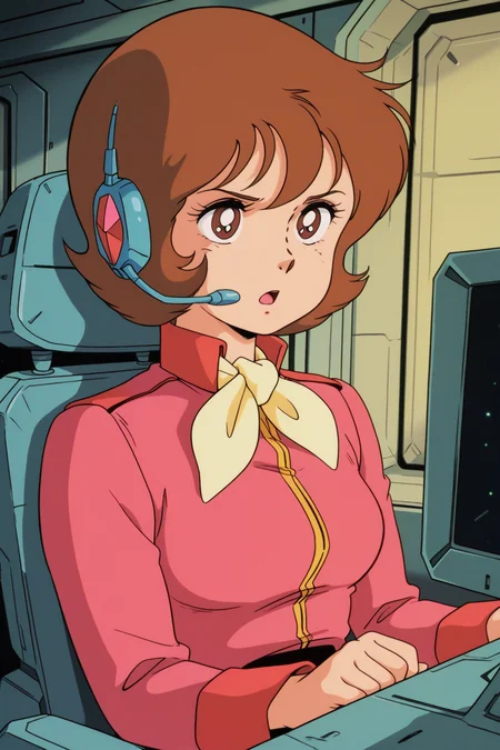 masterpiece, best quality, amazing quality, absurdres, frawbow79, brown hair, solo, serious, open mouth, talking, headset, sitting, monitor, pink military uniform, yellow ascot, upper body, medium breasts, indoors, spacecraft, science fiction, retro artstyle