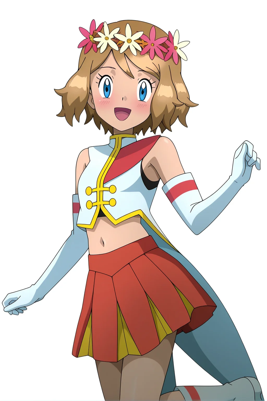 anime, anime screencap, pokemon, serenadorixlc, 1girl, solo, looking at viewer, blush, smile, short hair, open mouth, blue eyes, skirt, simple background, brown hair, gloves, white background, navel, flower, :d, pleated skirt, sleeveless, elbow gloves, midriff, white gloves, red skirt, leg up, head wreath, serena \(pokemon\)
<lora:Serena_doridorich:1>