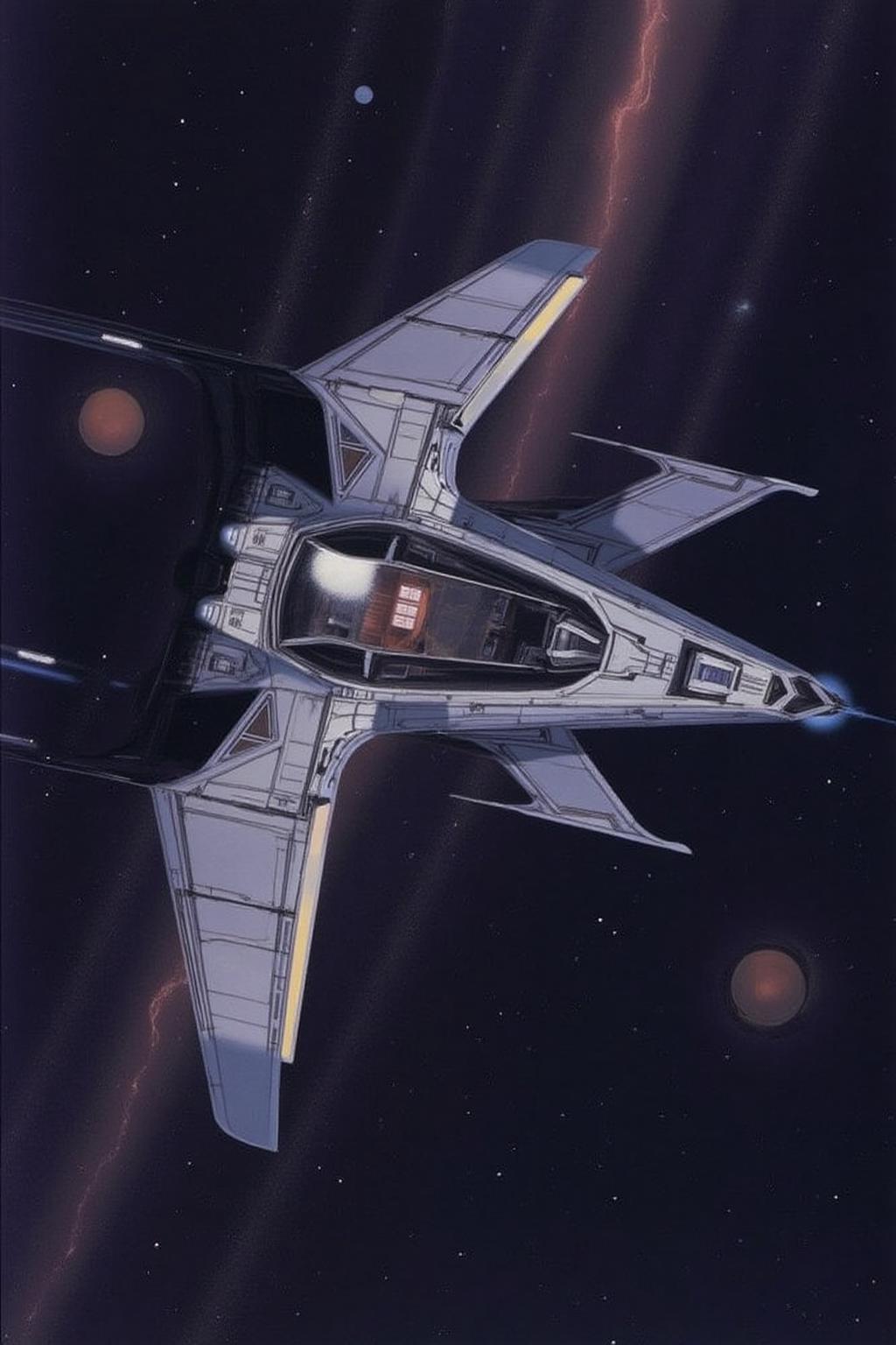 sydme1 painting. A sleek, aerodynamic spacecraft designed for high-speed travel in outer space. The craft features elongated, curved lines that suggest both elegance and efficiency, with large, streamlined wings that taper off into sharp points. The cockpit is centrally located with a transparent dome, giving the pilot a wide field of view.  <lora:sydme6_cap_d6a3:1.0><lora:811003887214643513:0>