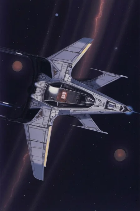 sydme1 painting. A sleek, aerodynamic spacecraft designed for high-speed travel in outer space. The craft features elongated, curved lines that suggest both elegance and efficiency, with large, streamlined wings that taper off into sharp points. The cockpit is centrally located with a transparent dome, giving the pilot a wide field of view. <lora:sydme6_cap_d6a3:1.0><lora:811003887214643513:0>