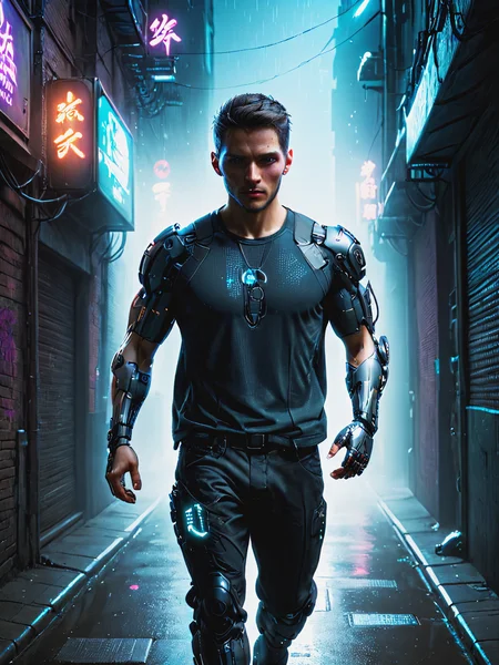 (mad-2cbrrm, mad-1cbrrm:1.3), man wearing a t-shirt running through dirt alley, cyberpunk, night, neon light, haze, rain, <lora:Neon_Cyberpunk_Cyberarm_SDXL:1.2>, (masterpiece:1.2), best quality