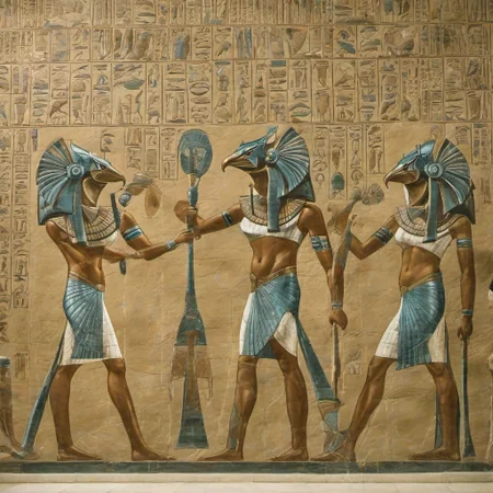 tourists visiting the Cairo museum seeing an Egyptian tomb mural of a <lora:stargateHorus-SDXL:1.0> stargateHorus