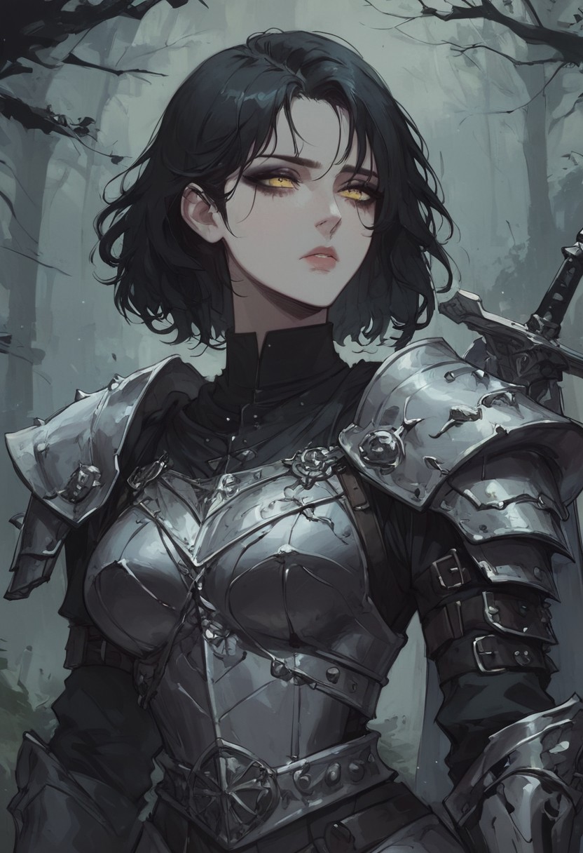 (score_9, score_8_up:1.1), score_7_up, 1 black haired woman ( medium black hair, medium hair, medium length hair, bobcut hair, yellow eyes, tired eyes, pale white skin, human, pale skin, seductive look, wearing black armor, black knight armor, black gold ornamented armor, eyeliner), close up, half body,  greatsword in back, greatsword, in a dark medieval forest, dark background , (3-frame sketch)