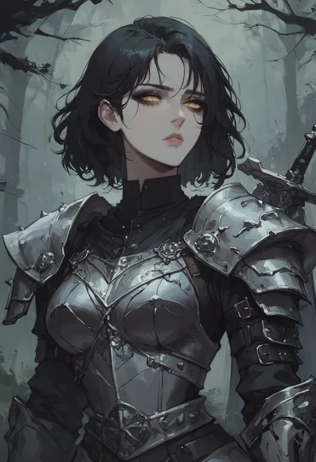 (score_9, score_8_up:1.1), score_7_up, 1 black haired woman ( medium black hair, medium hair, medium length hair, bobcut hair, yellow eyes, tired eyes, pale white skin, human, pale skin, seductive look, wearing black armor, black knight armor, black gold ornamented armor, eyeliner), close up, half body,  greatsword in back, greatsword, in a dark medieval forest, dark background , (3-frame sketch)
