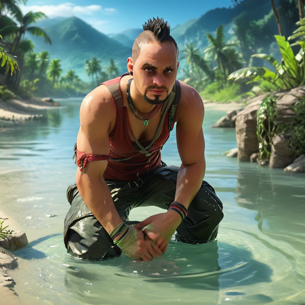masterpiece,8k,absurd resolution, <lora:farcry_xl:0.81>,
farcry,vaash,, 1boy, solo, male focus, black hair, water, jewelry, squatting, outdoors, bandages, pants, realistic, sleeveless, facial hair
,reflection, cg rendering, volume light, space art, bioluminescence, unreal engine 5, magic of light, unreal engine rendering, super wide angle, super wide angle, high definition**