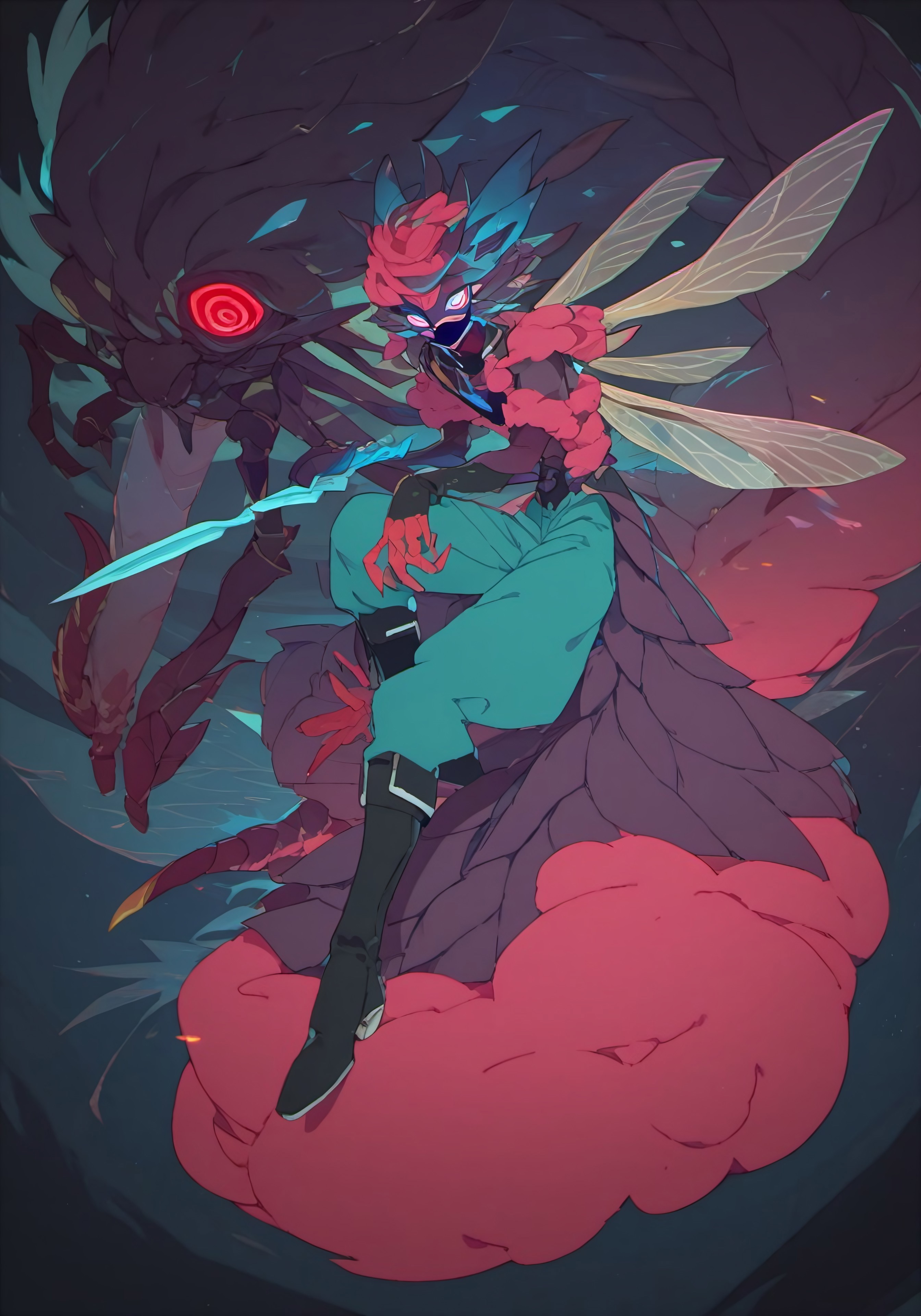 score_9, score_8_up, score_7_up, score_6_up,  faerie rogue, dagger strike, beautiful, flat color, dark bold line work, occult singles and runes, heavy black boots, highly detailed face, insect wings, fluffy fur, monster, perfect eyes looking at viewer, colored skin, cyan and purple 
