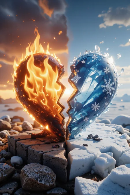 <lora:Heartbreak:0.8>, heartbreak split heart, A highly detailed, 3D-rendered broken heart, symbolizing the clash of passion and coldness. The left side is a blazing flame with vibrant orange and red hues, radiating heat and energy, surrounded by flickering sparks. The right side is a crystalline iceberg with cool blue and white tones, exuding a frosty aura, with delicate snowflakes drifting around it. A glowing crack separates the halves, emphasizing their intense contrast. The background is a dramatic landscape with a fiery sunset on one side and a frozen tundra on the other, creating a striking visual tension.âââ