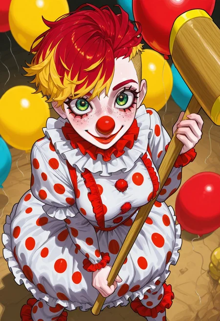 Pst,
1girl, solo, short hair,red hair, blonde hair, undercut,multicolored hair, frilled white dress , red polka dot, green eyes, big eyes:1.2, freckles:2.0,
medium breasts,atlethic body, 
clown, clown clothes, frilled onesie ,epic colors, giant hammer, red nose, red balloon, yellow balloon,rubber hammer,
 ,solo