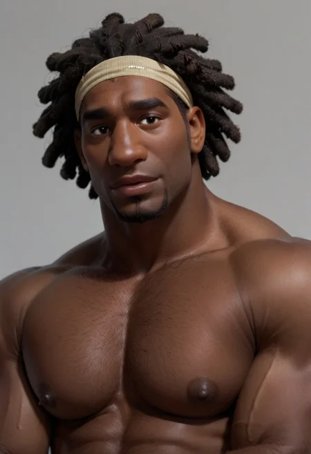 score_9, score_8_up, score_7_up,
wasabi_bh6, dark skin, dreadlocks, headband, goatee, shirtless, bara, stubble, portrait, grey background