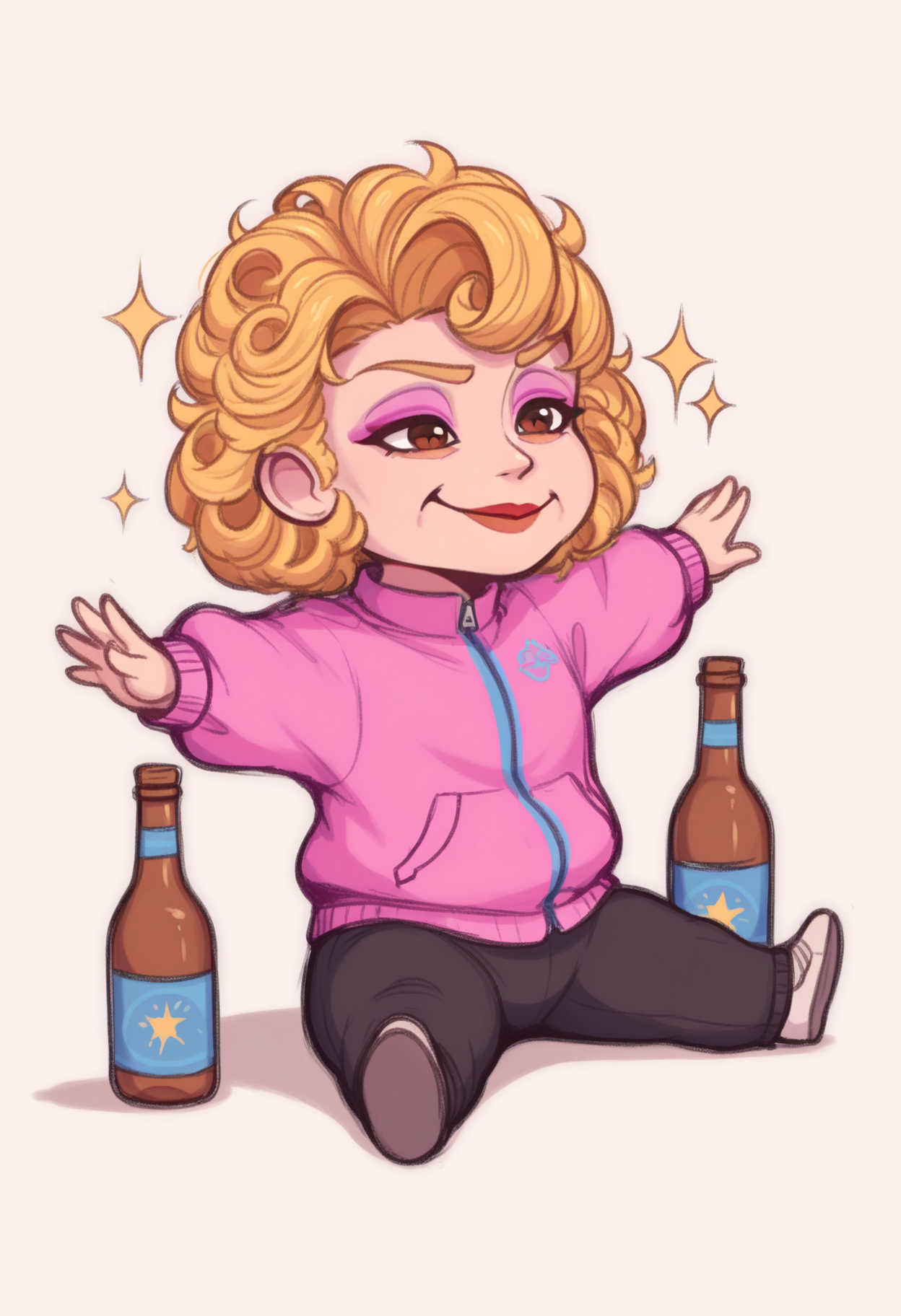 masterpiece, best quality, 1girl, solo, <lora:NSPamStardew:1> NSPamStardew, brown eyes, curly hair, short hair, blonde hair, lipstick, pink eyeshadow, track jacket, pink jacket, black pants, lineart, sitting, on floor, smile, sparkles, spread arms, chibi, meme, thick lines, simple background, white background, booze, bottles,